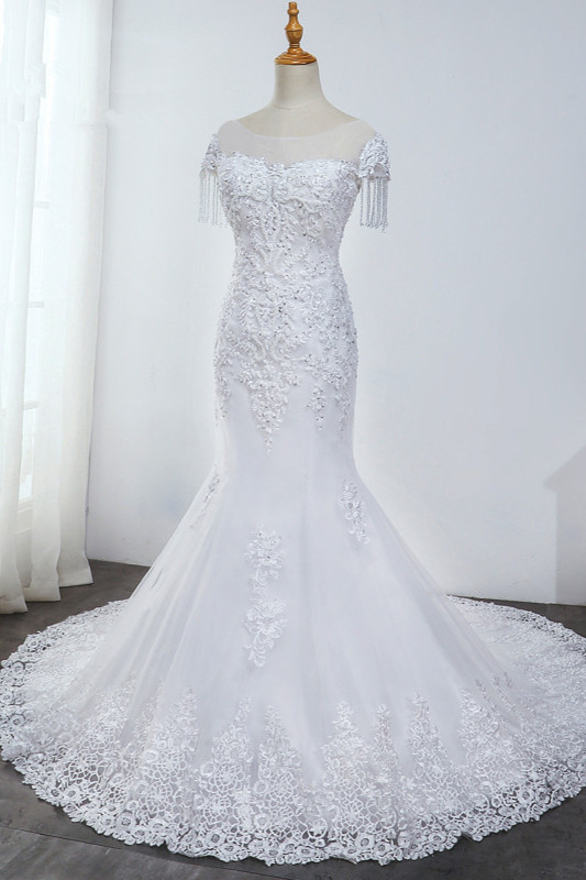 Mermaid Jewel Neck Sleeveless Floor-length Tulle Bridal Gown With Appliques 7