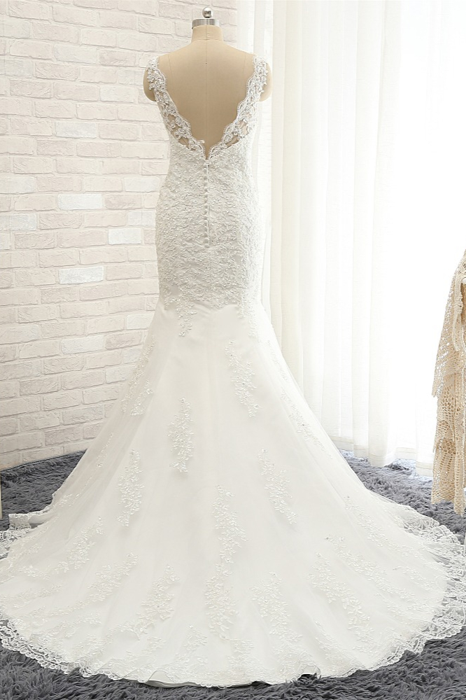 Mermaid Straps Jewel Neck Sleeveless Court Train Stretch Satin Bridal Gown With Appliques 2