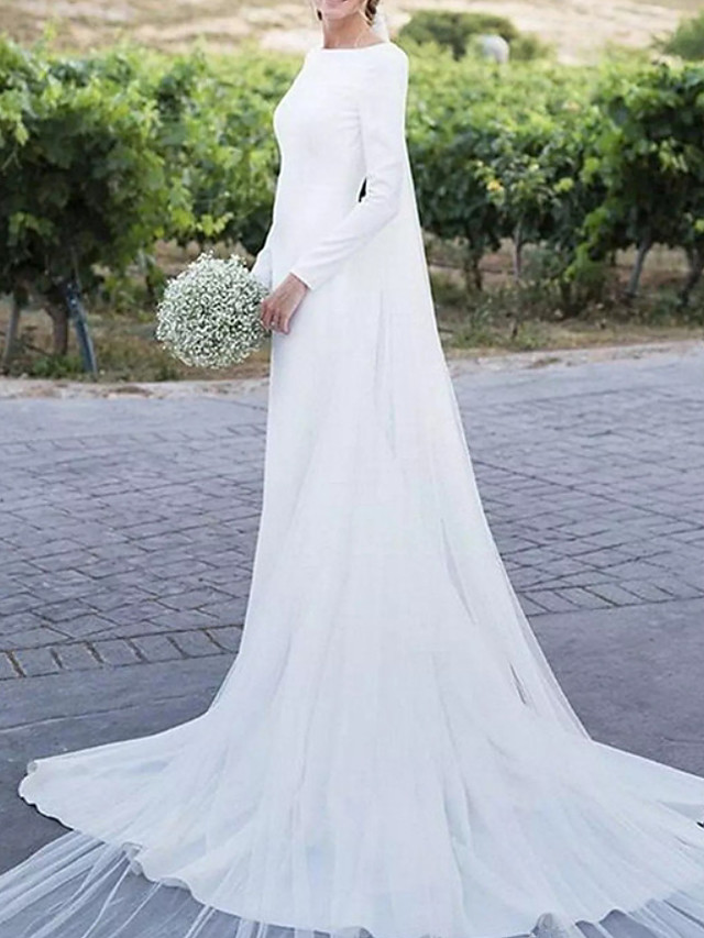 A-line Long Sleeves Sweep / Brush Train Lace Bridal Gown With Lace 3
