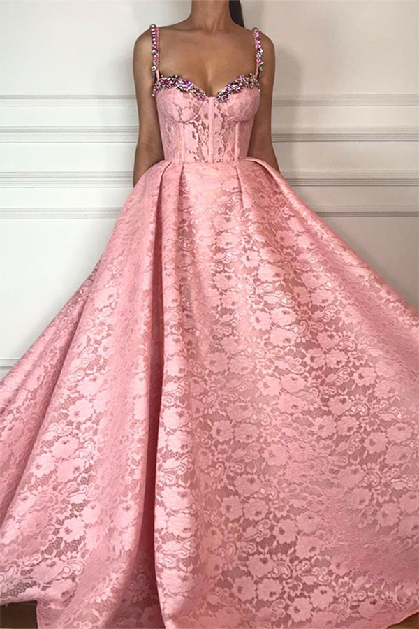 Ball Gown Straps Sweetheart Neck Sleeveless Floor-length Lace Formal Dress With Beading 1
