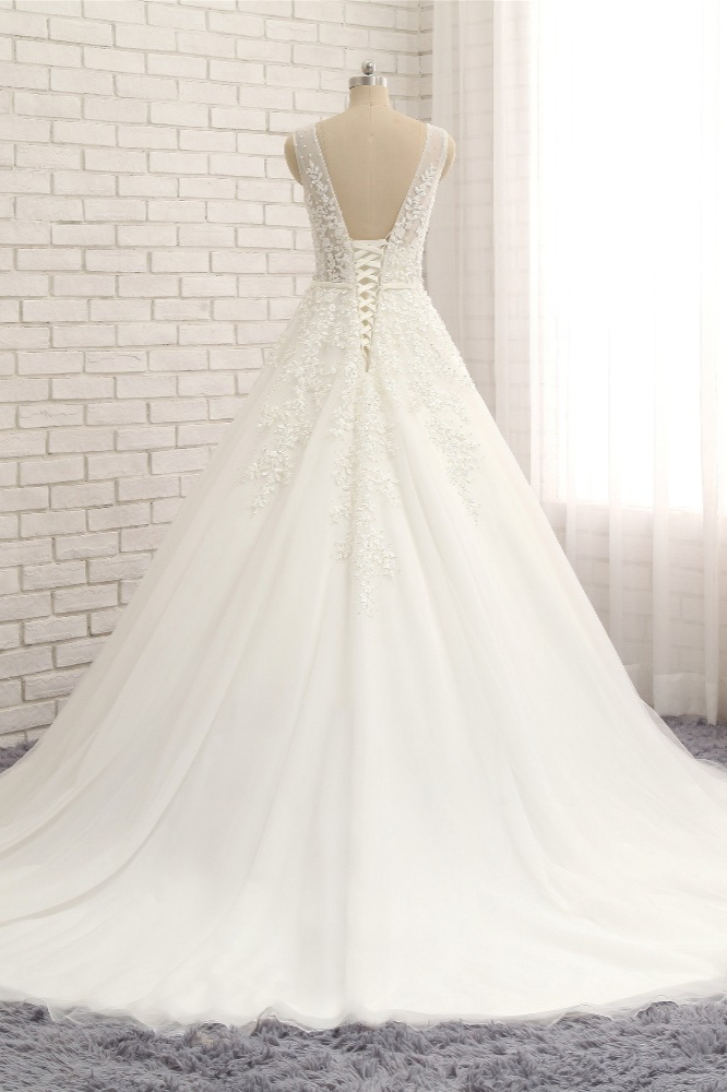 A-line Straps Sleeveless Floor-length Tulle Wedding Dress With Appliques 2