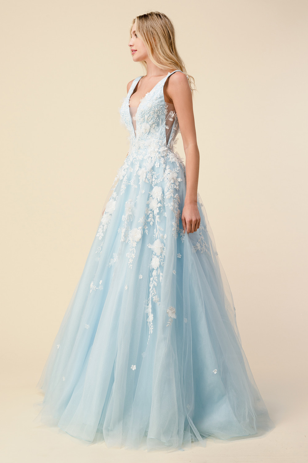 A-line Plunging Neckline Sleeveless Floor-length Tulle Evening Dress With Lace 4