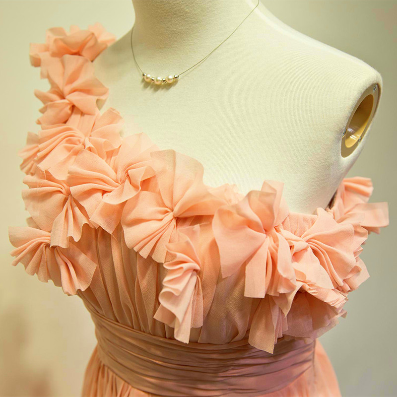 A-line One Shoulder Sleeveless Sweep / Brush Train 100D Chiffon Prom Dress With Ruffles 3