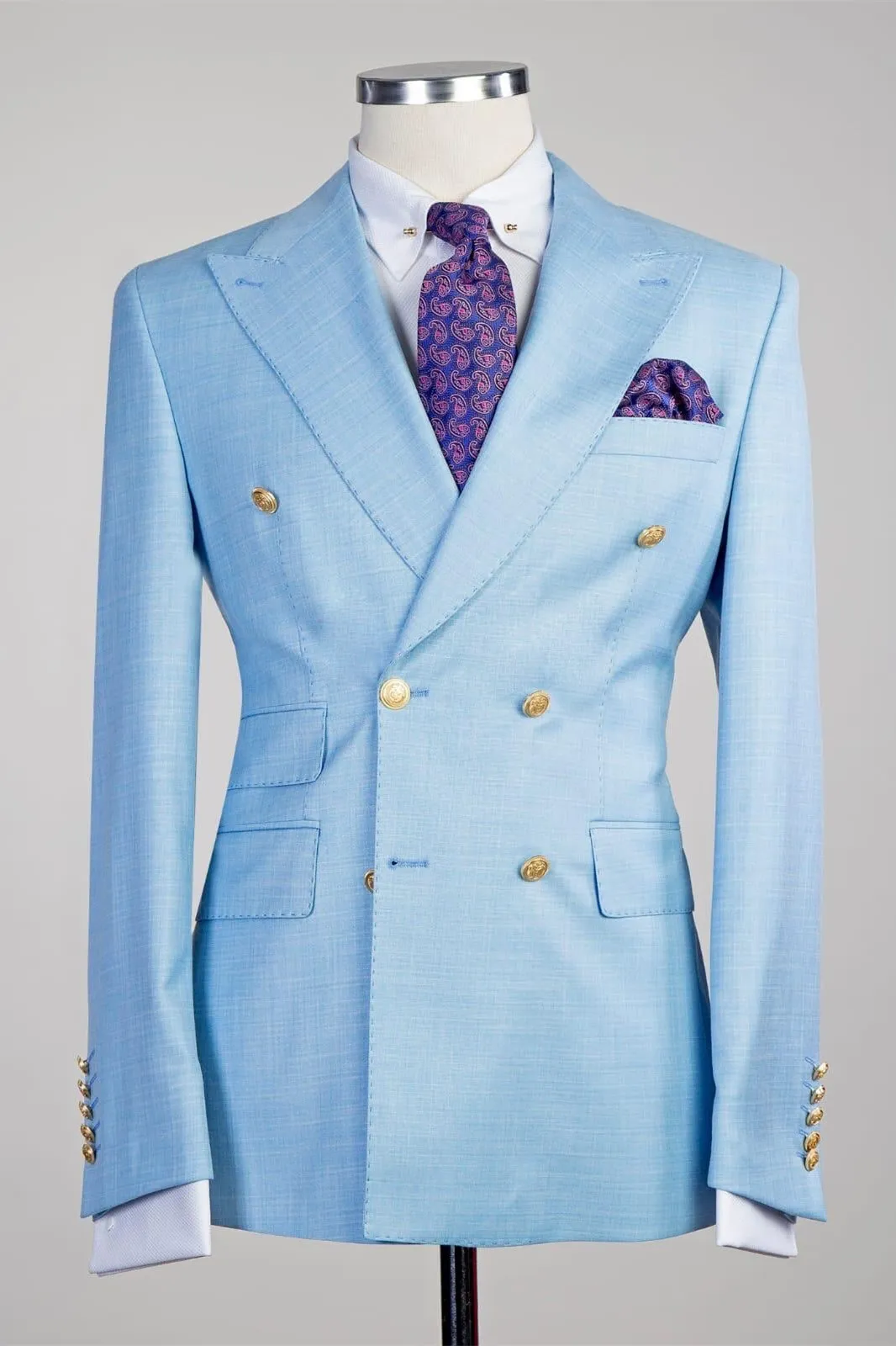 Sky Blue Double Breasted Suit with Gold Embossed Buttons 1
