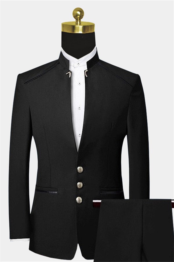 Black Single Breasted Wool Blend Prom Suit with Mandarin Collar 1