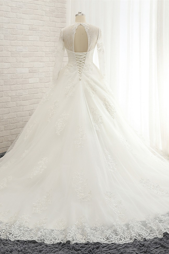 A-line V-neck Long Sleeves Court Train Tulle Bridal Gown With Appliques 2