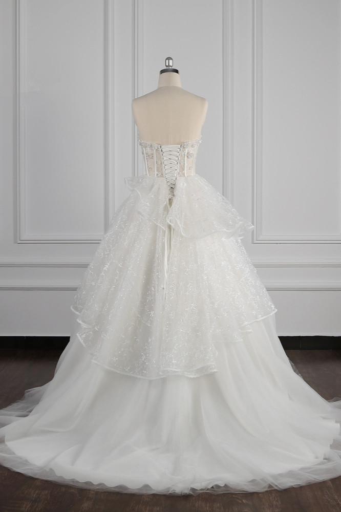 Ball Gown Strapless Sweetheart Neck Sleeveless Floor-length Tulle Wedding Dress With Lace 2