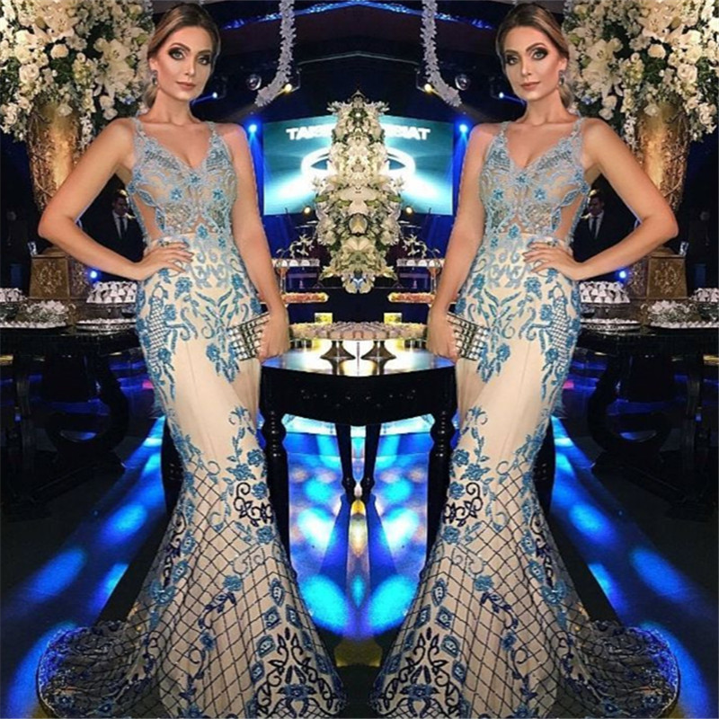 Mermaid V-neck Sleeveless Sweep / Brush Train Tulle Formal Wear With Appliques 2