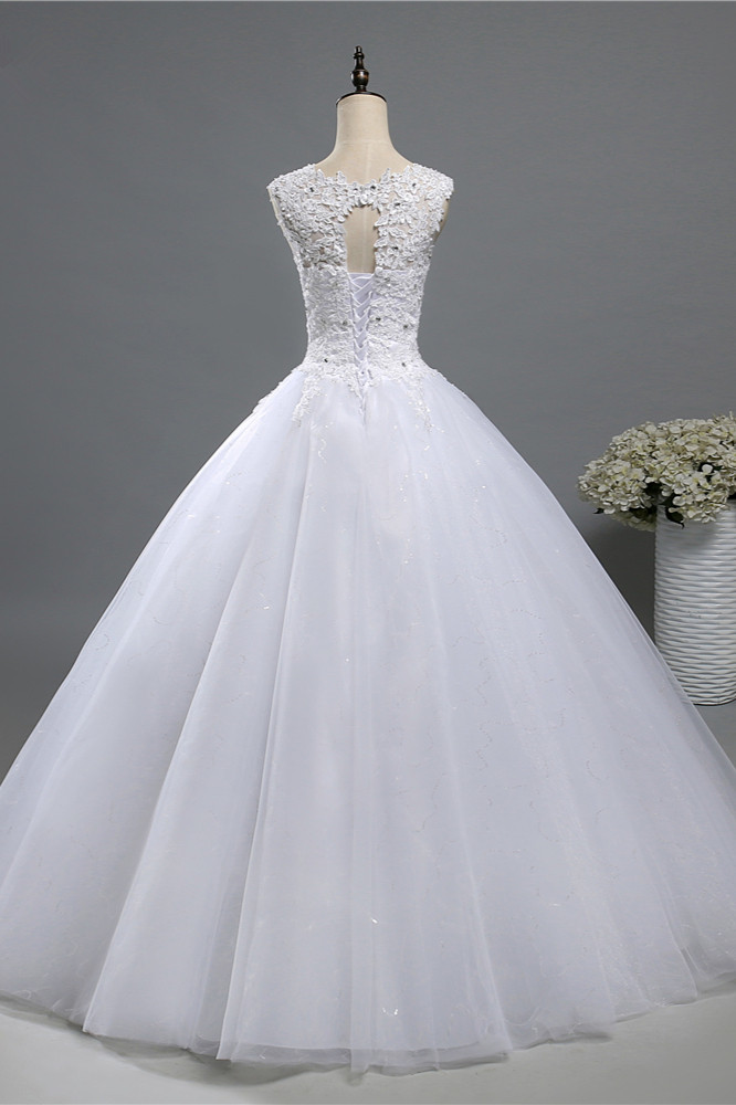 A-line Jewel Neck Sleeveless Floor-length Tulle Wedding Dress With Appliques 2