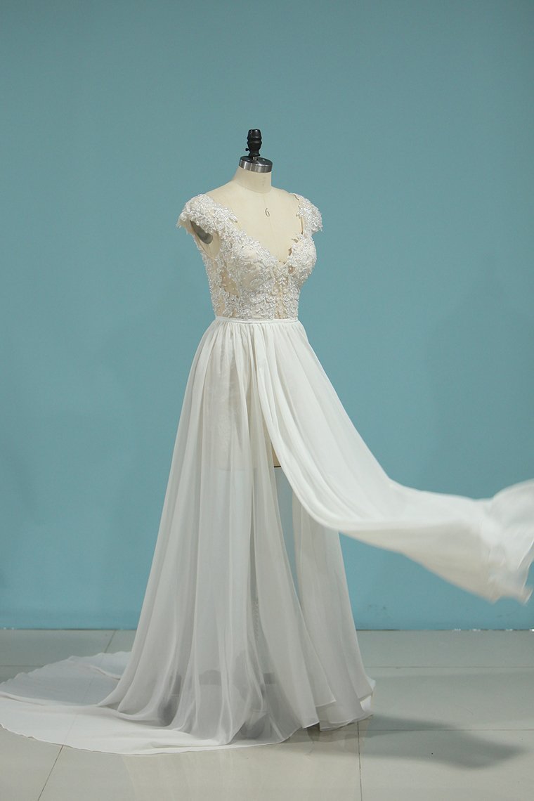 A-line V-neck Sleeveless Floor-length 100D Chiffon Bridal Dress With Lace 3