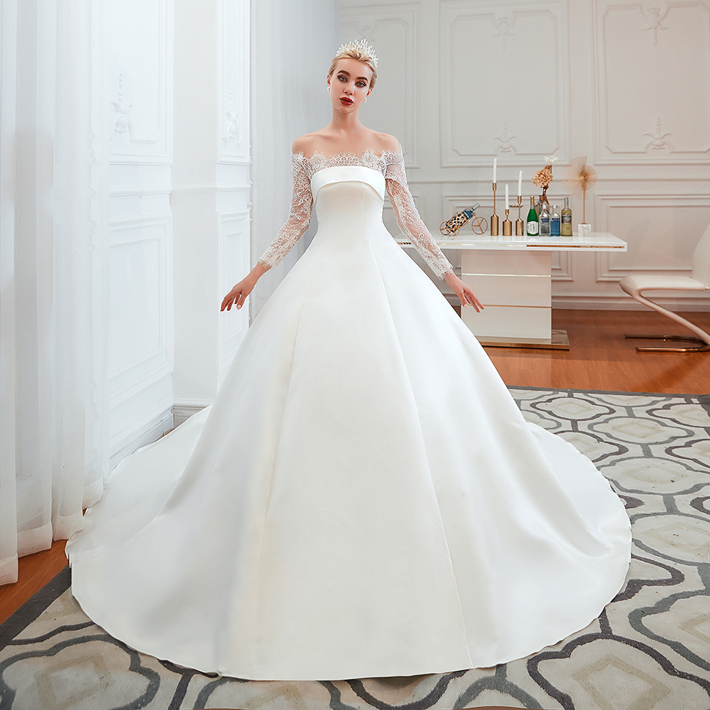 Bateau Neck Long Sleeves Cathedral Train Satin Wedding Gown With Lace 9
