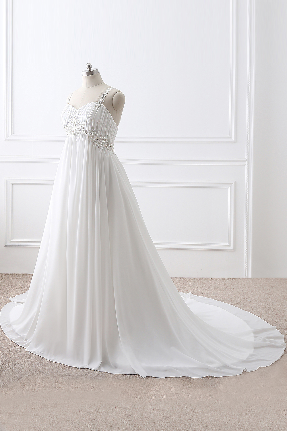 A-line Straps Sleeveless Court Train 30D Chiffon Bridal Gown With Appliques 2