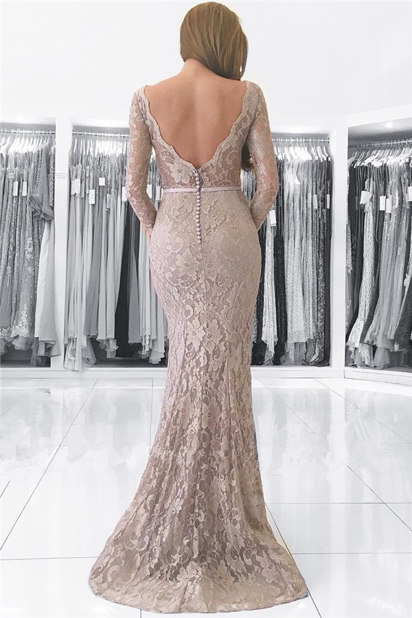 Column V-neck Sweep / Brush Train Formal Dress With Lace 2