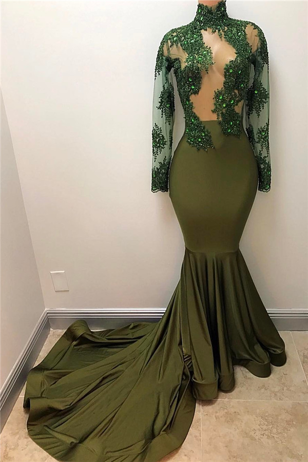 Mermaid High Neck Court Train Evening Gown With Appliques 1