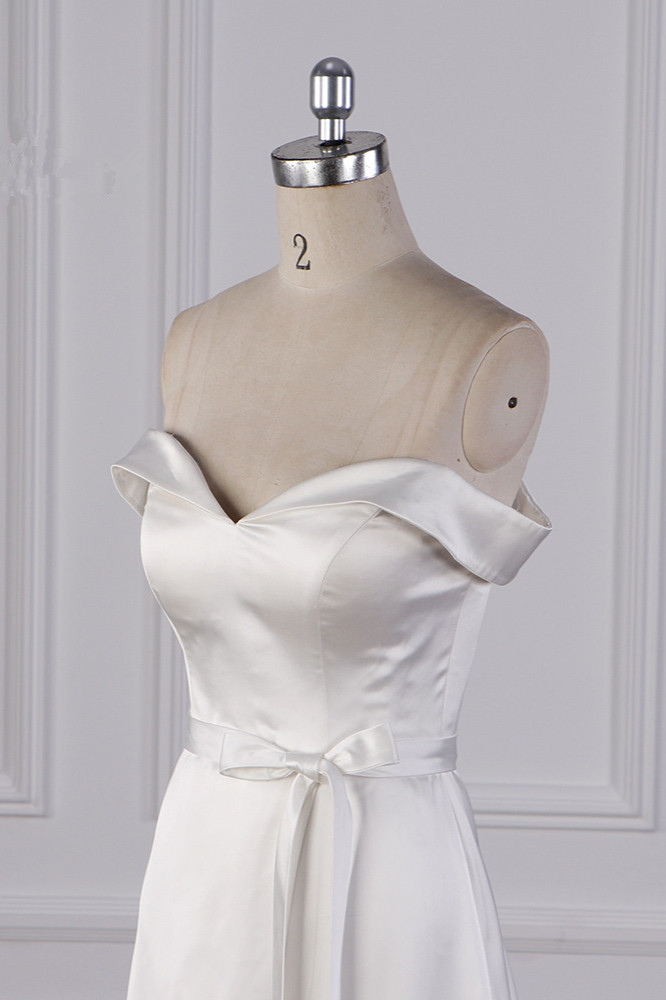 A-line Off-the-shoulder Sweetheart Neck Floor-length Satin Bridal Attire With Split Front 5