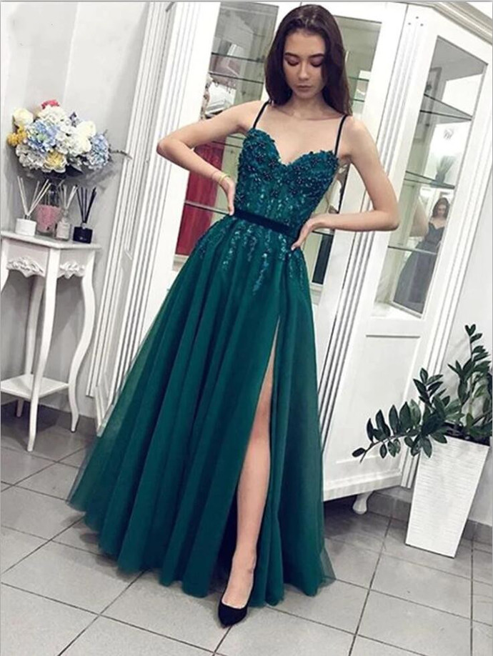 Column Spaghetti Straps Sleeveless Floor-length Tulle Evening Gown With Lace 2