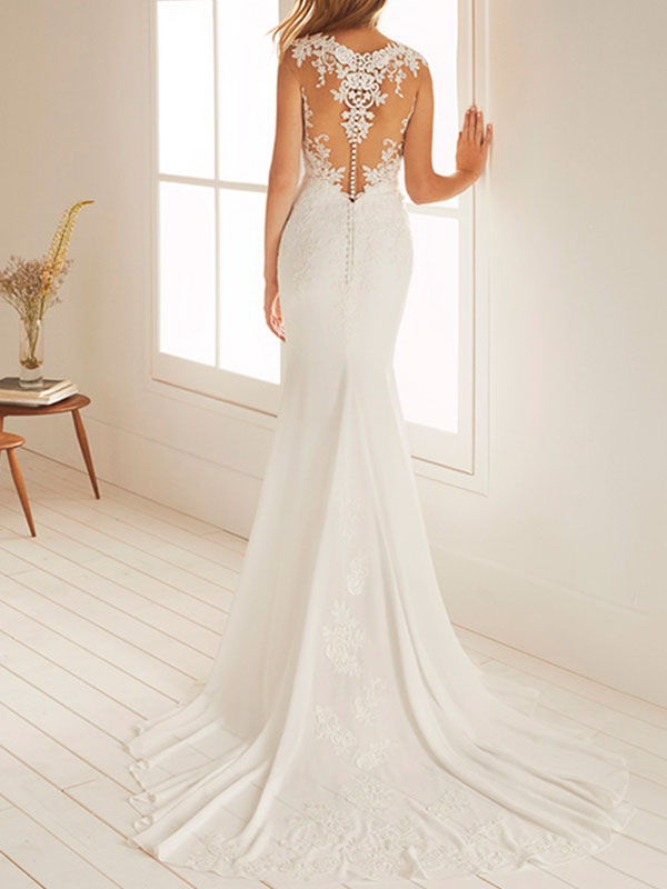 Mermaid Sleeveless Court Train 100D Chiffon Bridal Dress With Lace 2