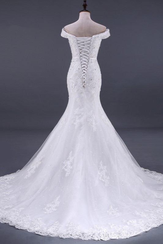 Mermaid Off-the-shoulder Sweetheart Neck Sleeveless Floor-length Tulle Bridal Attire With Lace 2