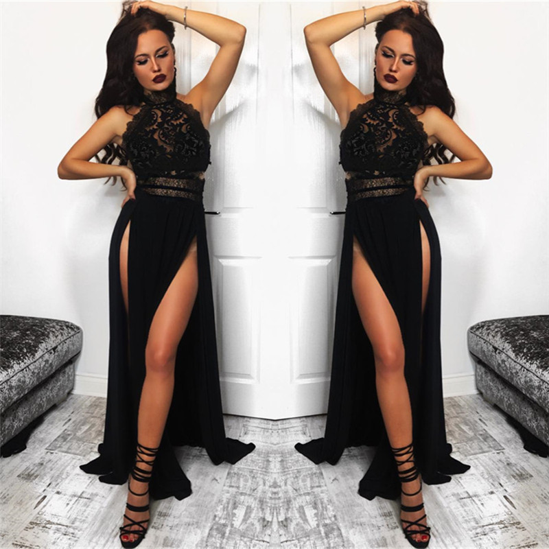 A-line High Neck Sleeveless Sweep / Brush Train Evening Dress With Lace 2