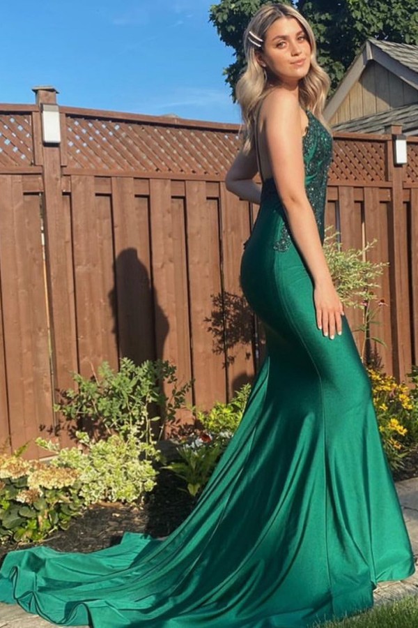 Mermaid Spaghetti Straps Sleeveless Floor-length Stretch Satin Evening Dress With Beading 1