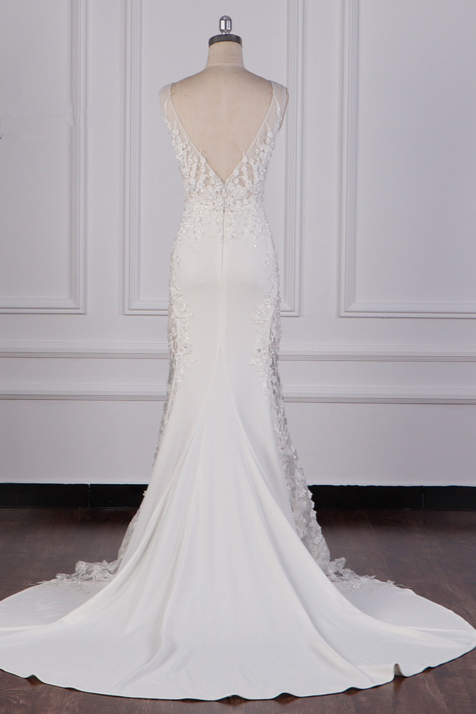 A-line Spaghetti Straps V-neck Sleeveless Floor-length Satin Wedding Gown With Lace 3