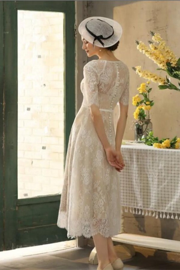 Column Jewel Neck Half-Sleeves Tea-length Lace Bridal Gown With Lace 2