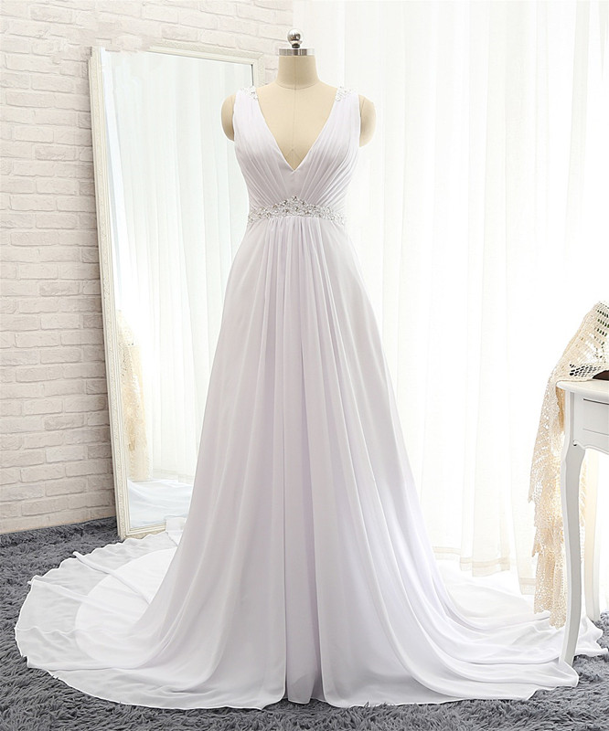 A-line Straps V-neck Sleeveless Floor-length 100D Chiffon Wedding Dress 5