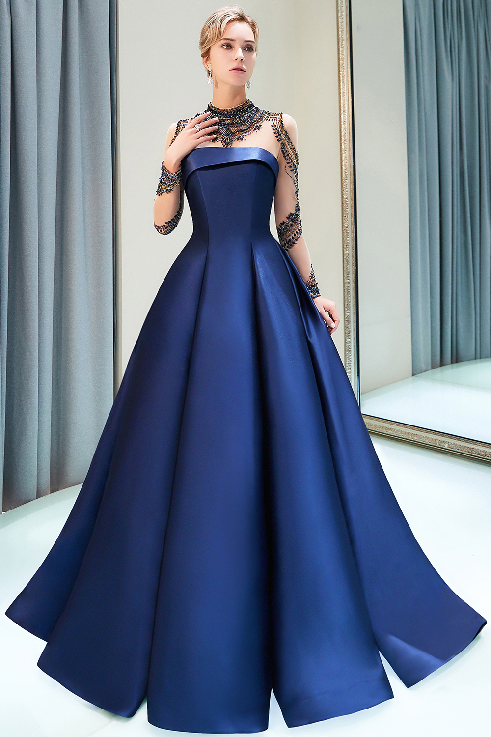 A-line Jewel Neck Long Sleeves Chapel Train Stretch Satin Evening Gown With Beading 7
