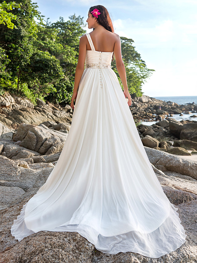A-line Straps One Shoulder Court Train 100D Chiffon Bridal Gown With Buttons 2