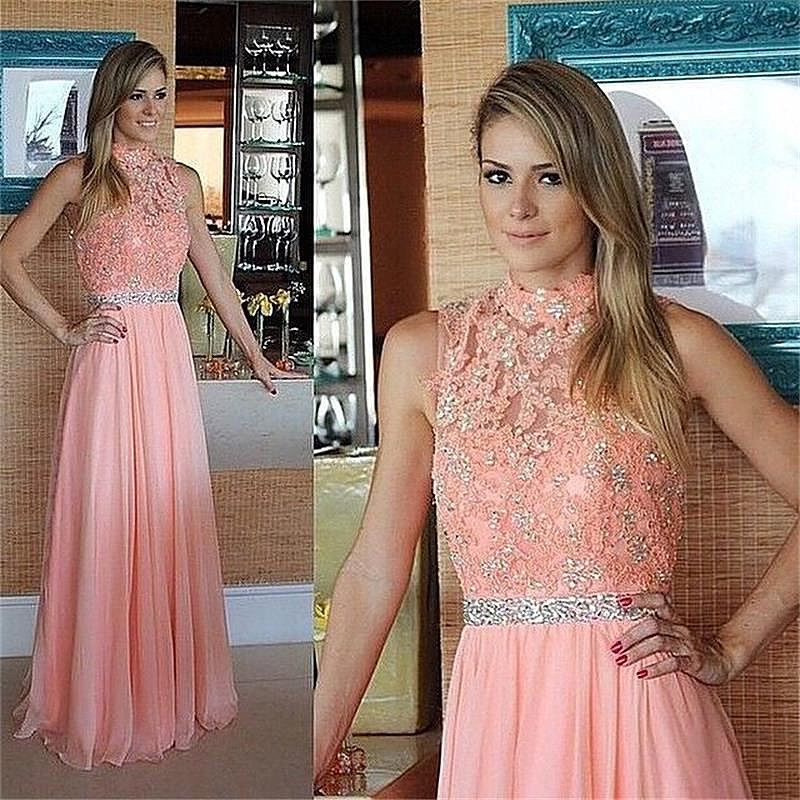 A-line High Neck Sleeveless Floor-length Tulle Evening Gown With Crystal 2