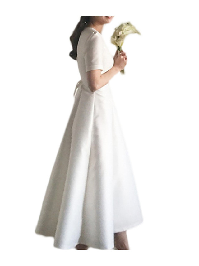 A-line V-neck Cap Sleeves Sweep / Brush Train Tulle Bridal Gown With Buttons 3