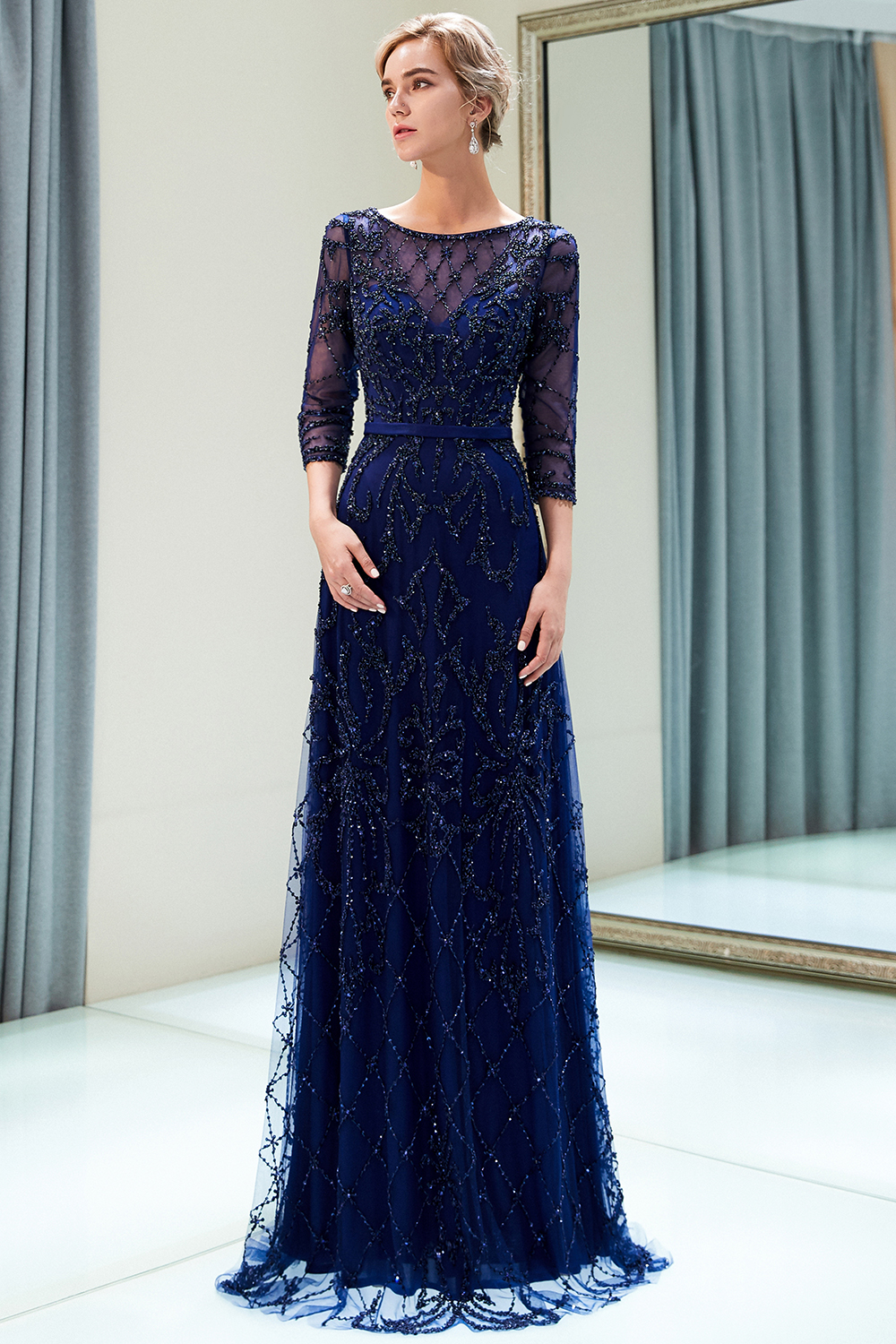 A-line Scoop Neck 3/4-Length Sleeves Sweep / Brush Train Tulle Evening Dress With Crystal 16