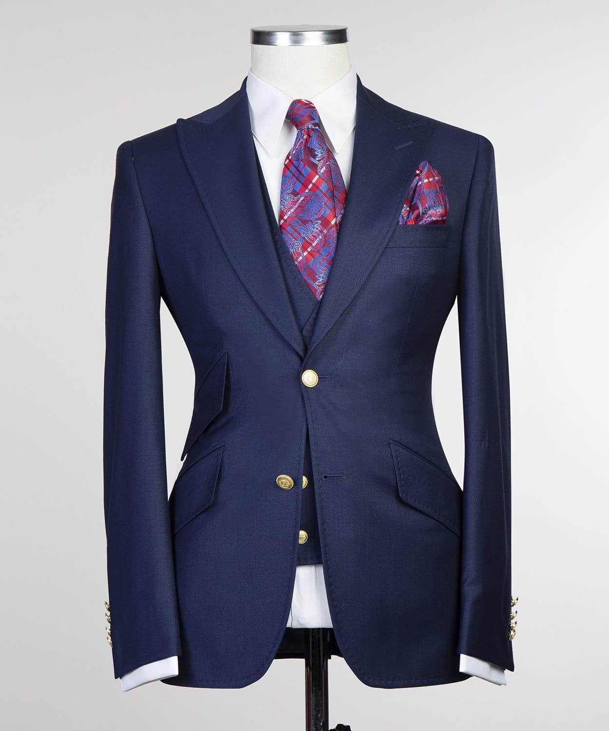 Dark Navy 3-Pieces Men Suit with Peaked Lapel 4
