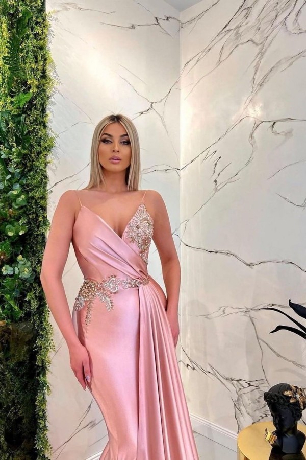 Mermaid Spaghetti Straps Sleeveless Floor-length Stretch Satin Evening Gown With Beading 2