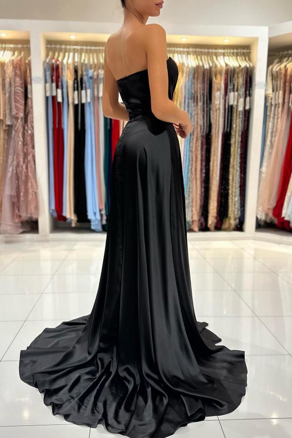 Column Strapless Sleeveless Floor-length Stretch Satin Formal Dress With Ruffles 3