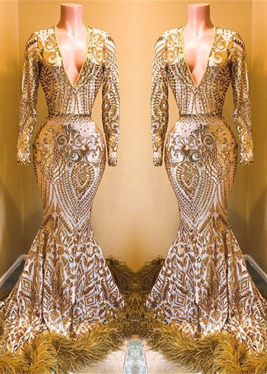 Mermaid V-neck Long Sleeves Floor-length Evening Dress With Sequins 2