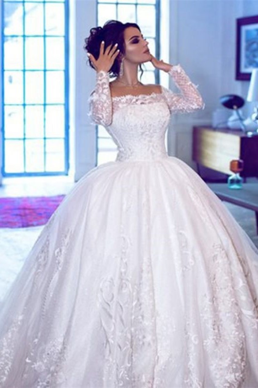 Ball Gown Off-the-shoulder Sweep / Brush Train Bridal Gown With Lace 1