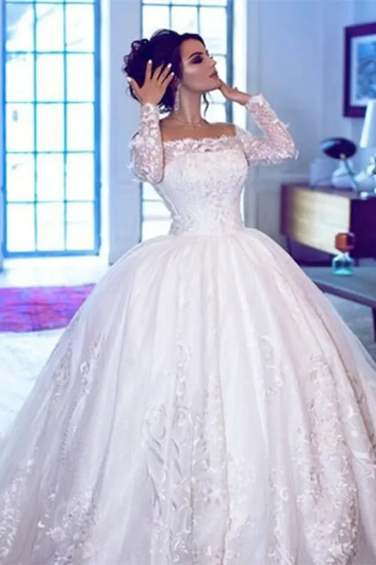 Ball Gown Off-the-shoulder Sweep / Brush Train Bridal Gown With Lace 1