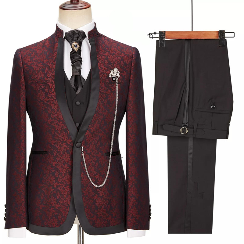 Burgundy Jacquard Wedding Suit With Special Lapel 2