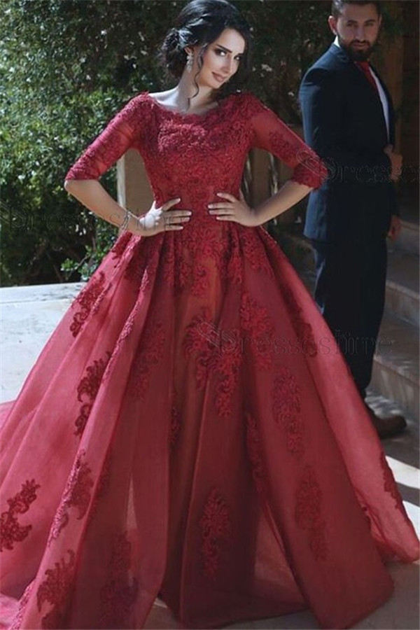 Column Scoop Neck Half-Sleeves Court Train Tulle Formal Dress With Appliques 1