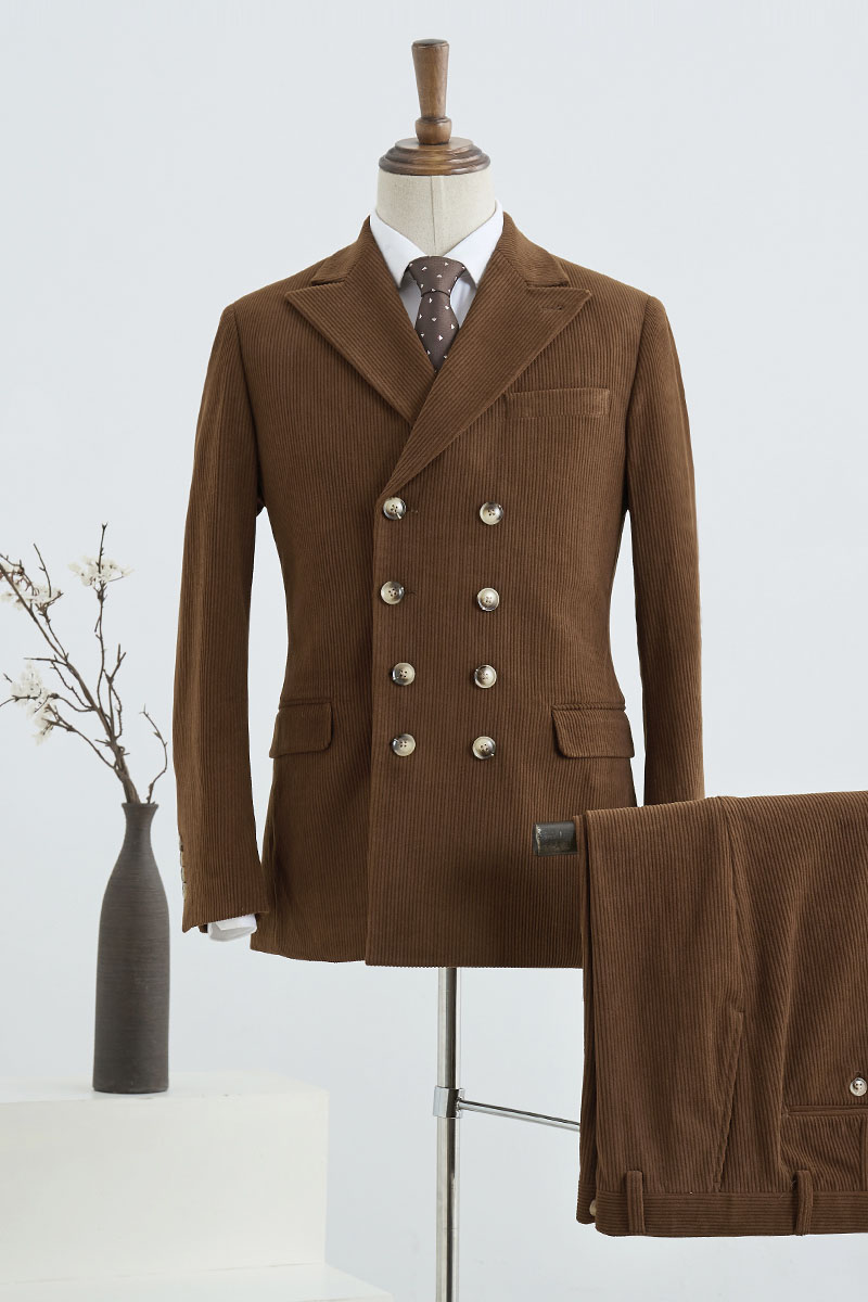 Brown Corduroy Double Breasted Business Suit 1