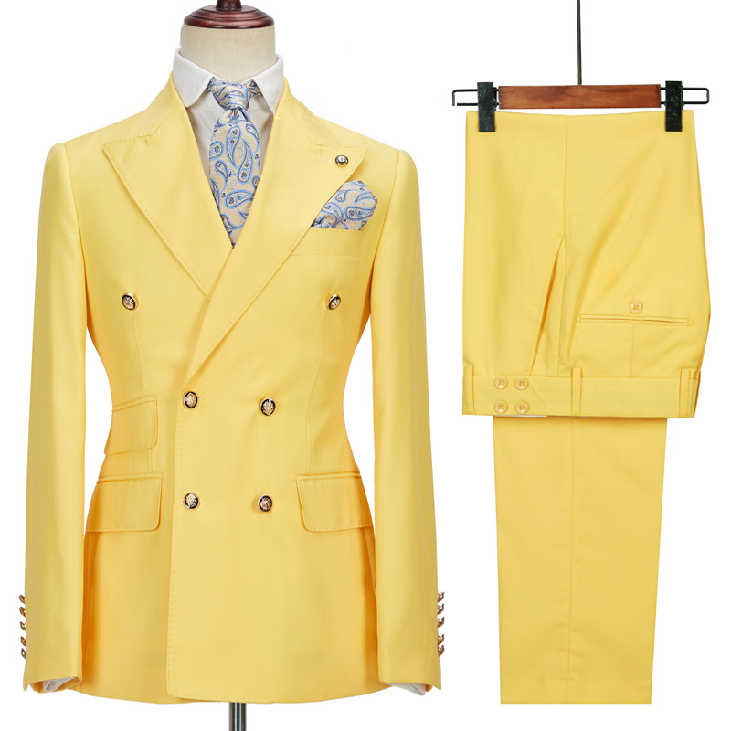 Yellow Double Breasted Bespoke Men Suit with Peaked Lapel 3