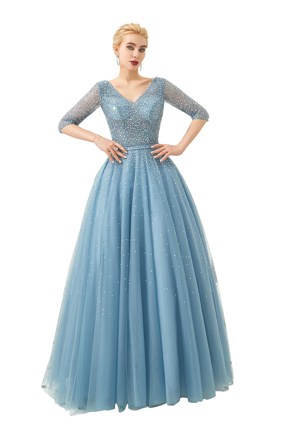 V-neck Half-Sleeves Sweep / Brush Train Tulle Formal Wear With Sequins 3