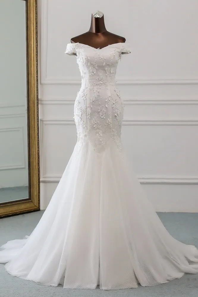 Mermaid Off-the-shoulder Sweetheart Neck Sleeveless Floor-length Tulle Bridal Dress With Lace 1