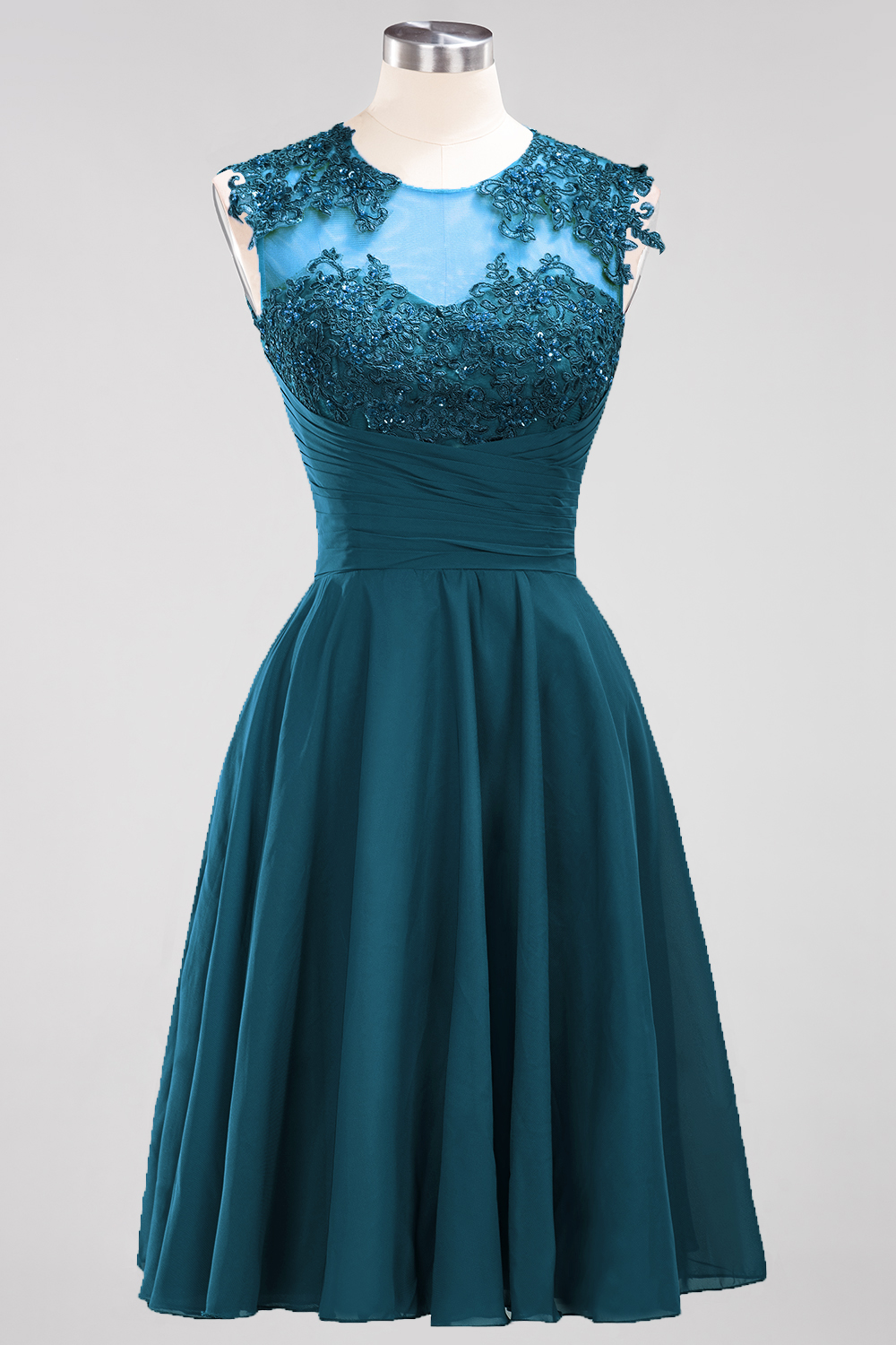 A-line Jewel Neck Sleeveless Knee-length 100D Chiffon Bridesmaid Dress With Appliques 28