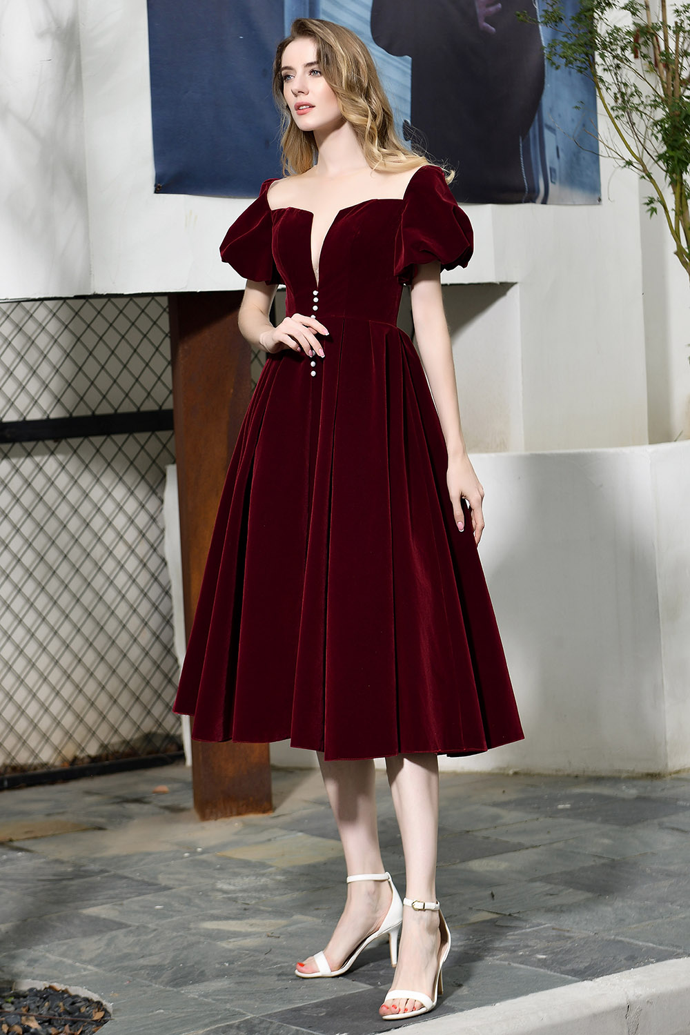 A-line Jewel Neck Short Sleeves Tea-length Velvet Homecoming Dress With Pearls 11