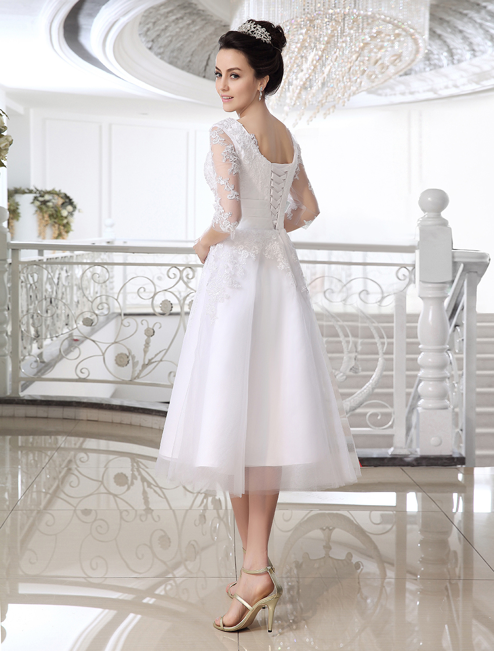 A-line Half-Sleeves Mini Lace Bridal Gown With Lace 4