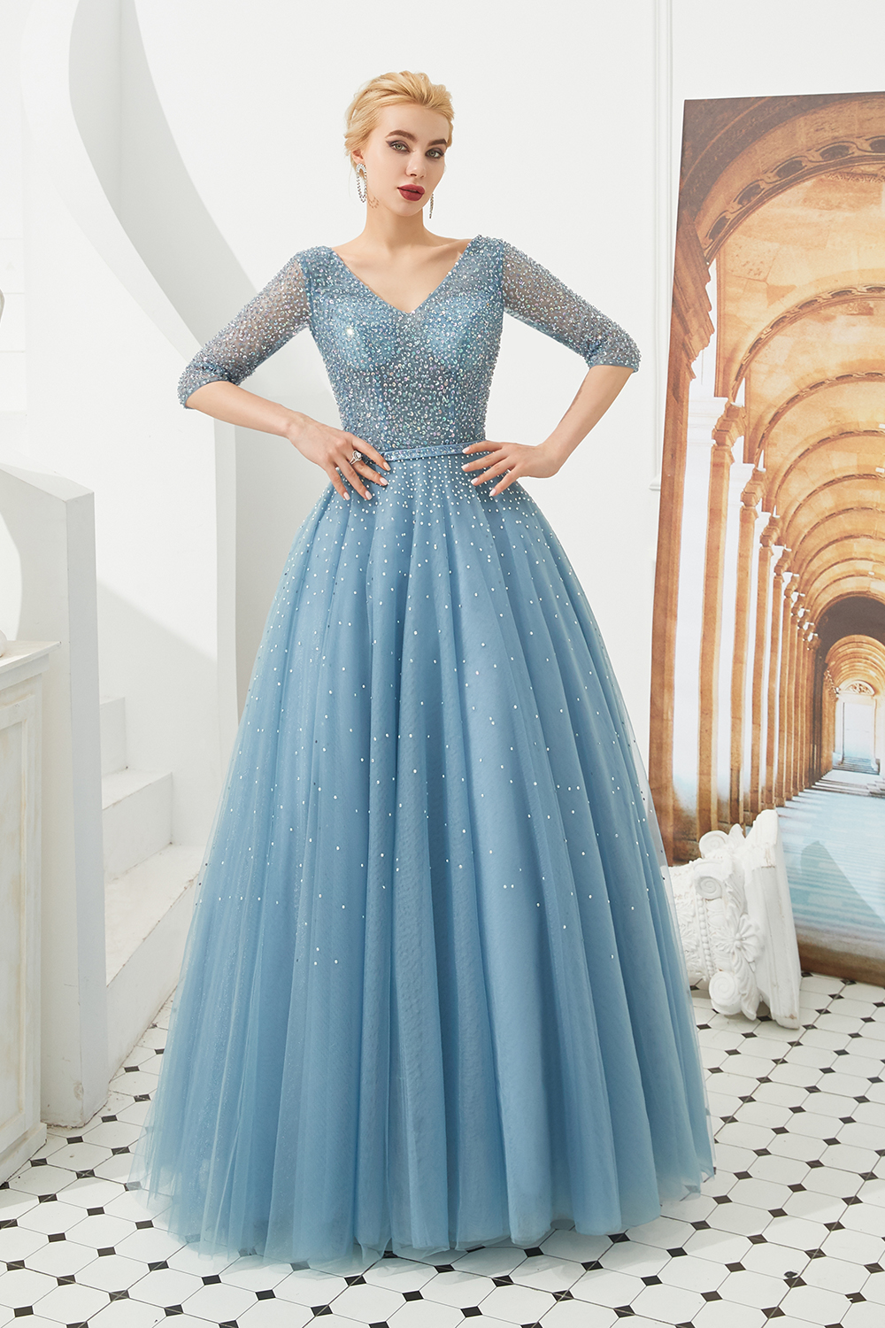 V-neck Half-Sleeves Sweep / Brush Train Tulle Formal Wear With Sequins 6