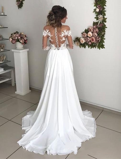A-line Scoop Neck Long Sleeves Sweep / Brush Train 100D Chiffon Bridal Gown With Lace 2
