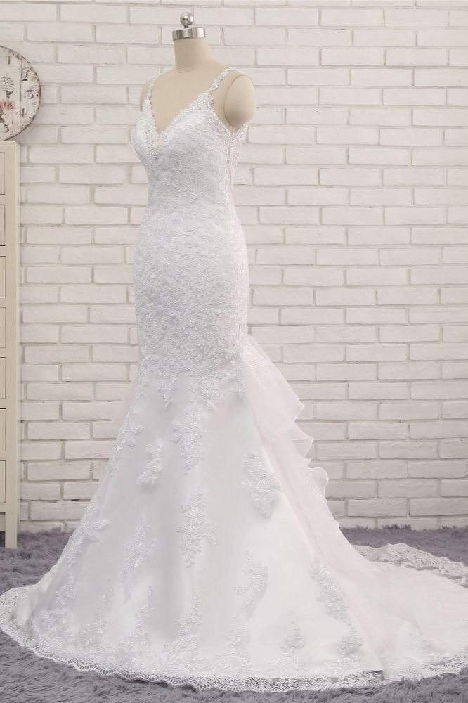 Mermaid Straps V-neck Sleeveless Floor-length Satin Bridal Dress With Appliques 3